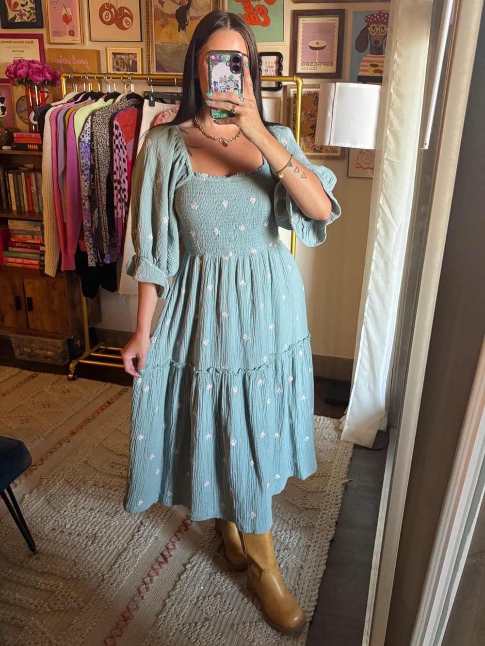 Listicle Floral Embroidered Boho Midi Dress
